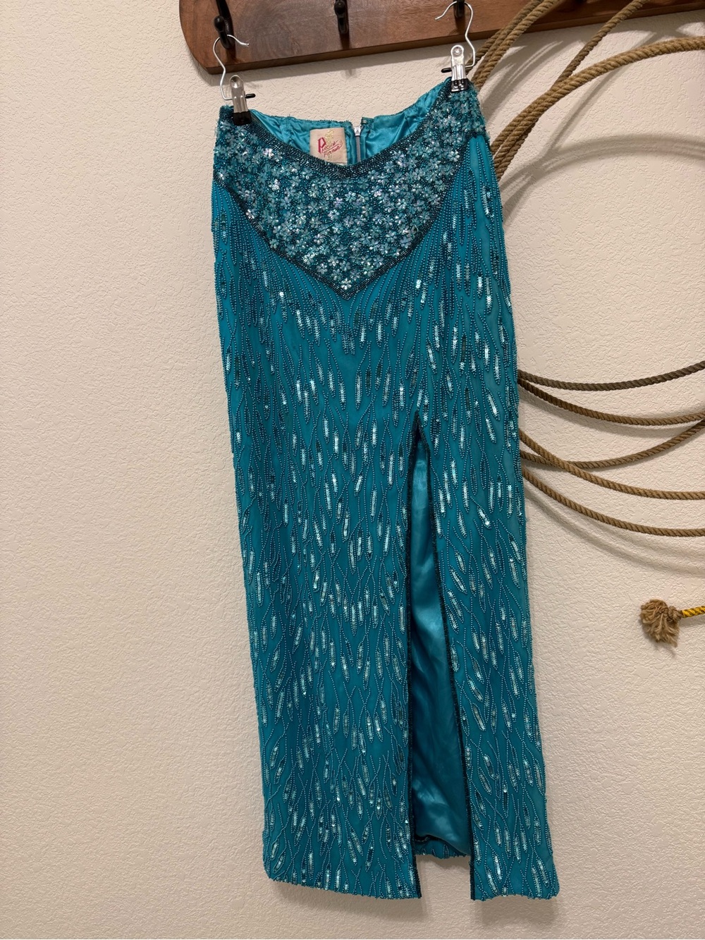 Vintage 90s Y2K Precious Formals Turquoise Beaded Silk Maxi Skirt - M